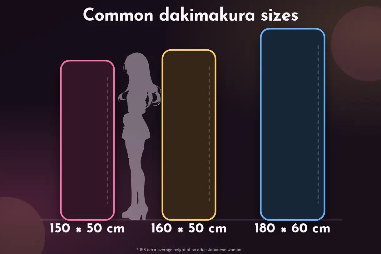 Common dakimakura sizes comparison showing 150 x 50 cm, 160 x 50 cm, and 180 x 60 cm covers.